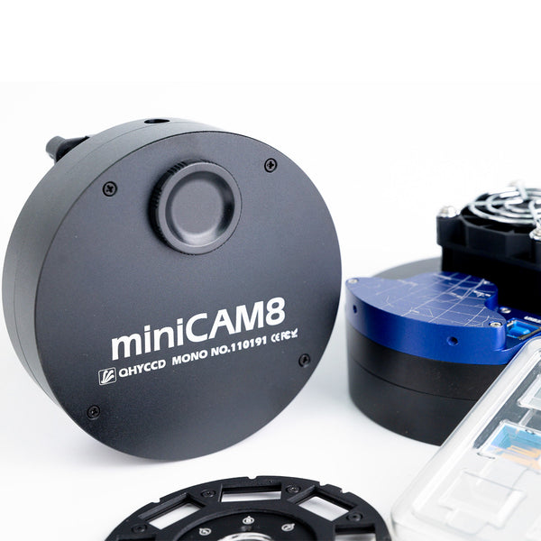 QHYCCD MiniCAM8 Size | Caméra refroidie QHYCCD MiniCAM8M (mono) et roue filtrante (QHY-MINICAM8M)