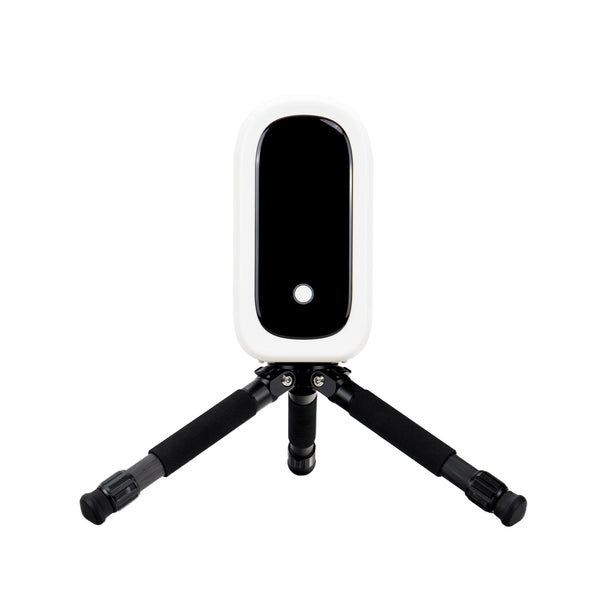 A white and black SeeStar S50 Pro on a small black tripod stand, isolated on a solid white background. | Seestar S50 PRO Smart Telescope