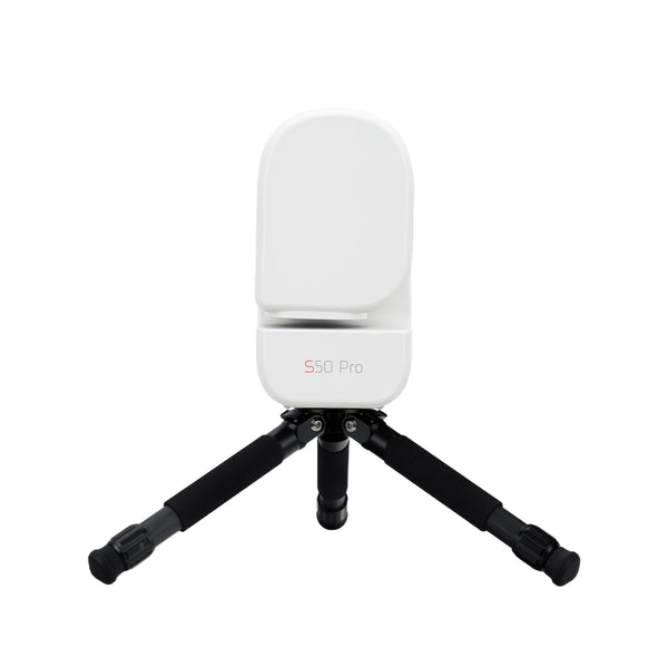 A white and black S50 Pro handheld device on a small tripod stand, shown against a solid white background. | Seestar S50 PRO Smart Telescope