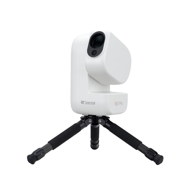 A white Seesat 50 Pro smart telescope mounted on a black tripod, shown against a solid white background. | Seestar S50 PRO Smart Telescope