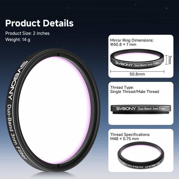 SVBONY SV220 Dual Band 3nm H-Alpha & OIII Filter 2" Mounted | W9198B | SVBONY SV220 Dual Band 3nm H-Alpha & OIII Filter 2" Mounted | W9198B